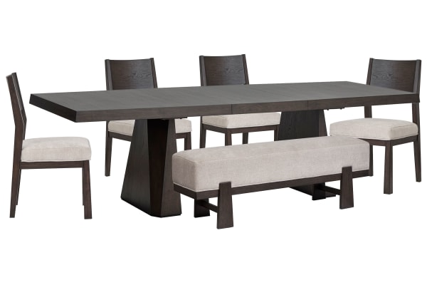Tauren - Extendable Double Pedestal Dining Table With 4 Side Chairs And Bench - Coffee Bean / Beige
