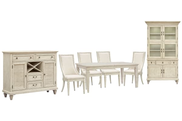 Newport - Extendable Rectangular Dining Table With 4 Arm Chairs, Server And Dining Cabinet - Alabaster