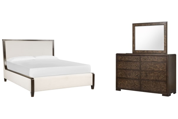 Rowan - King Upholstered Panel Bed And Drawer Dresser With Landscape Mirror - Espresso / Beige