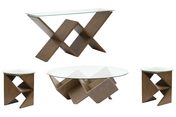 Vector - Round Cocktail Table, 2 Accent Tables With Sofa Table - Russet