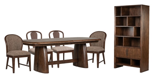 Belville - Extendable Trestle Dining Table With 2 Side Chairs, 2 Upholstered Side Chairs And Display Cabinet - Chestnut Brown