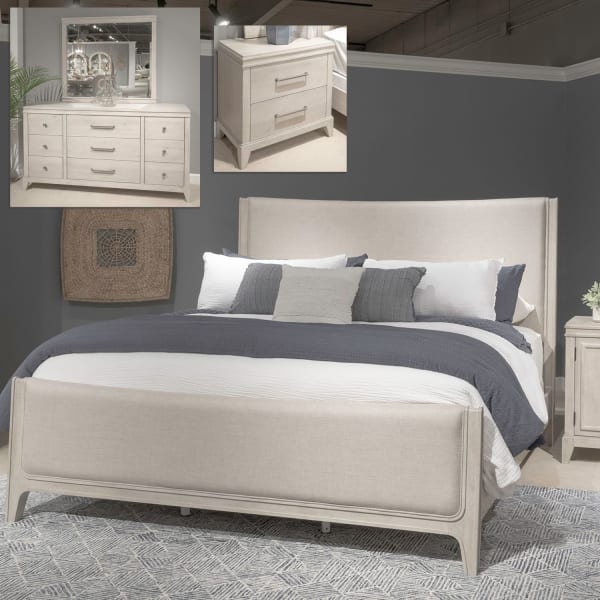 New Haven - 4 Piece Bedroom Set (King Upholstered Bed, Dresser & Mirror, Night Stand) - White