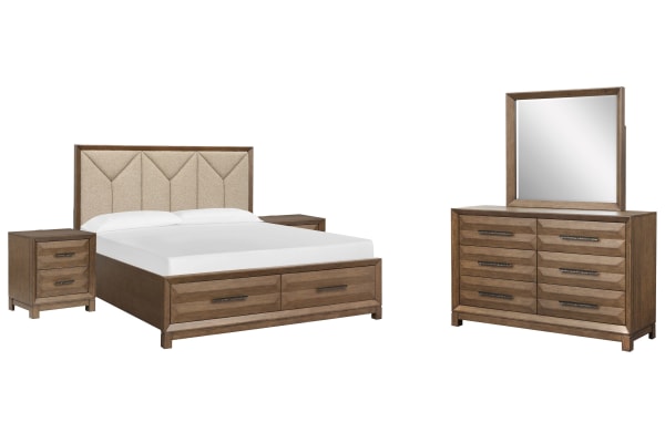 Callisto - King Upholstered Panel Storage Bed, 2 Nightstands And Drawer Dresser With Landscape Mirror - Bourbon Brown