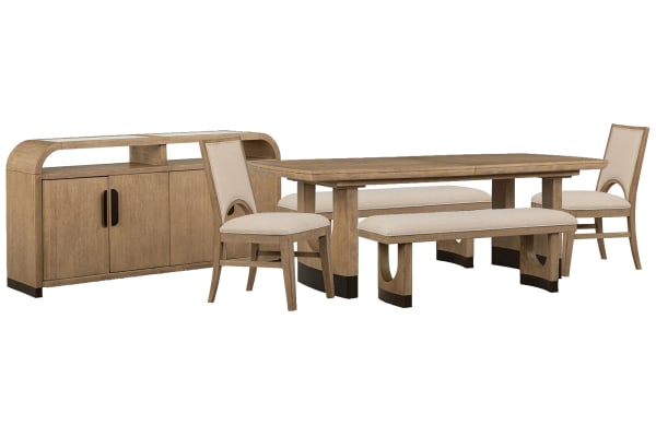 Tristan - Extendable Trestle Dining Table With 2 Benches, 2 Side Chairs And Sideboard - Swiss Coffee / Beige