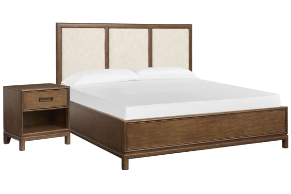 Ridgefield - King Upholstered Panel Bed With Open Nightstand - Russet / Beige
