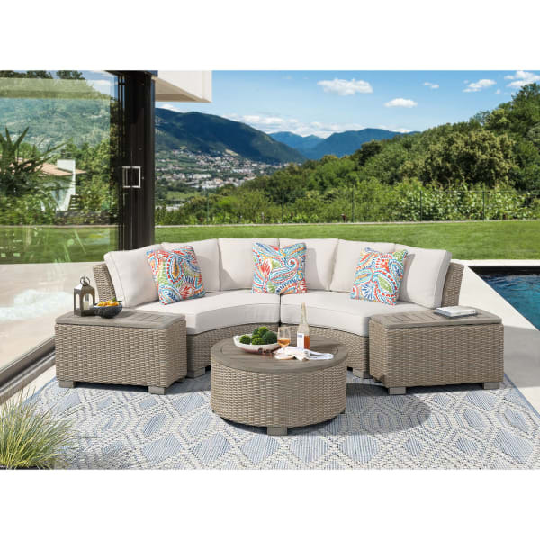 Ollie - 4 Piece Patio Conversation Set (Curved Loveseat, Two Console & Round Coffee Table) - Tan And Olefin White Cream