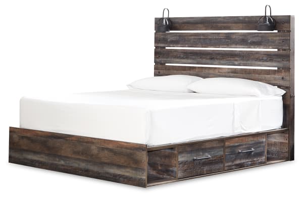 Drystan - King Panel Bed With 2 Side Drawers - Brown / Beige
