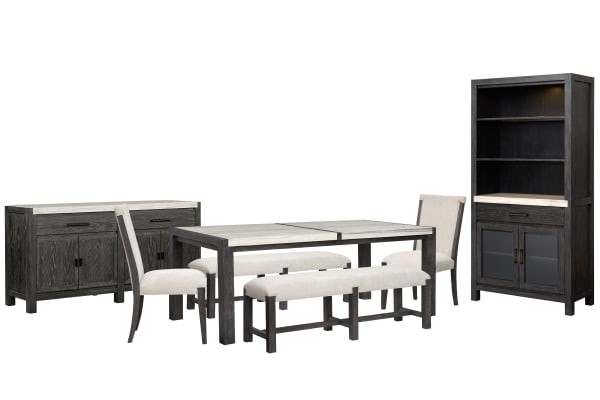 Plum Creek - Rectangular Dining Table With 2 Benches, 2 Upholstered Side Chairs, Sideboard And Display Cabinet - Ravenwood Black / White