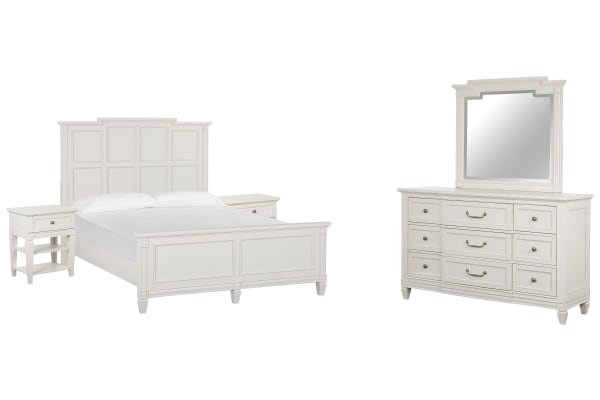Willowbrook - California King Panel Bed, 2 Open Nightstands And Drawer Dresser With Landscape Mirror - Egg Shell White
