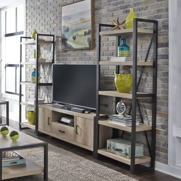 Sun Valley - Entertainment Center With Piers - Light Brown - Metal Side Drawers