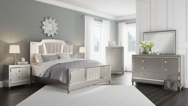 Chevanna - Pearl Silver - 8 Pc. - Dresser, Mirror, Chest, King Upholstered Panel Bed, 2 Nightstands