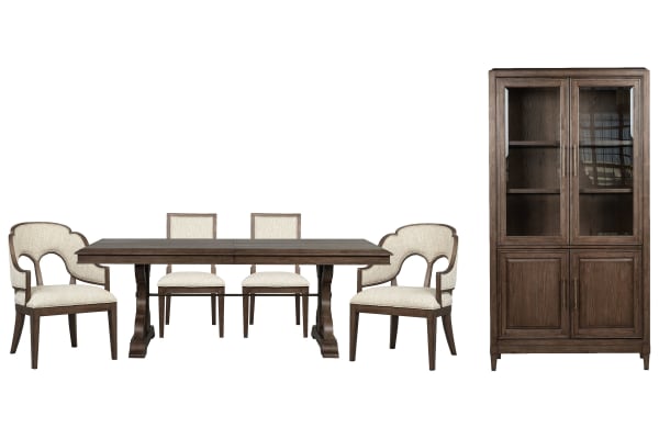 Jubilee - Extendable Trestle Dining Table With 2 Side Chairs, 2 Arm Chairs And Display Cabinet - Brown / White