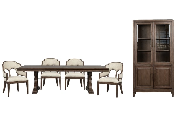 Jubilee - Extendable Trestle Dining Table With 4 Arm Chairs And Display Cabinet - Brown / White