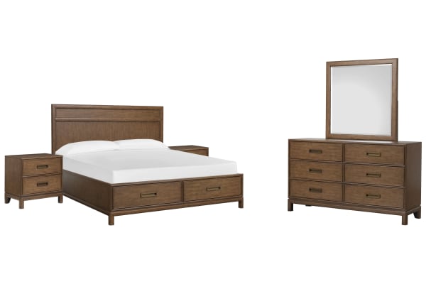 Ridgefield - King Panel Storage Bed, 2 Nightstands And Double Drawer Dresser With Landscape Mirror - Russet