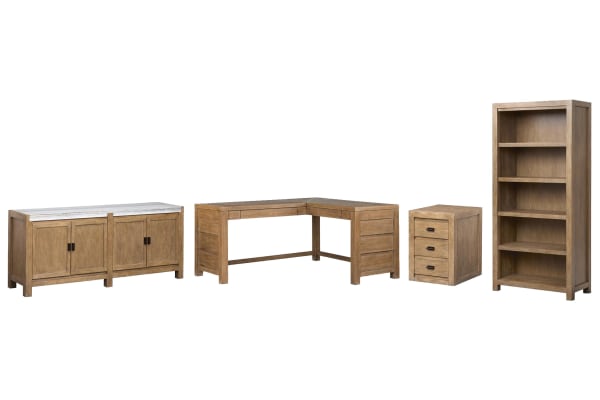 Plum Creek - L Desk With Bookcase, Mobile File Cabinet And Door Console - Sierra Brown / White
