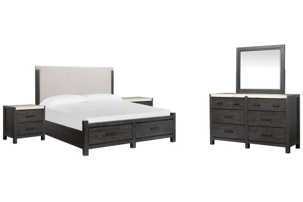 Plum Creek - Queen Upholstered Panel Storage Bed, 2 Nightstands And Drawer Dresser With Landscape Mirror - Ravenwood Black / White