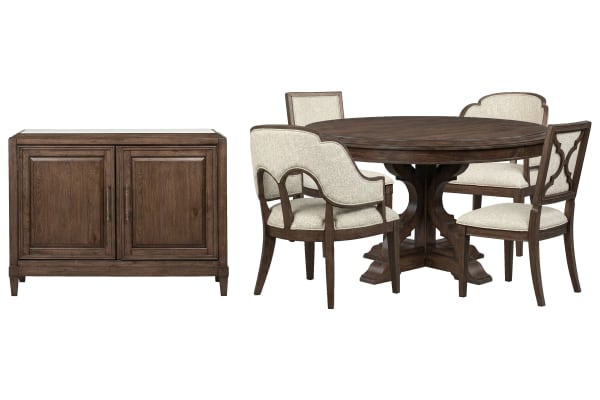 Jubilee - 54" Round Dining Table With 2 Side Chairs, 2 Arm Chairs And Bar Cabinet - Brown / White