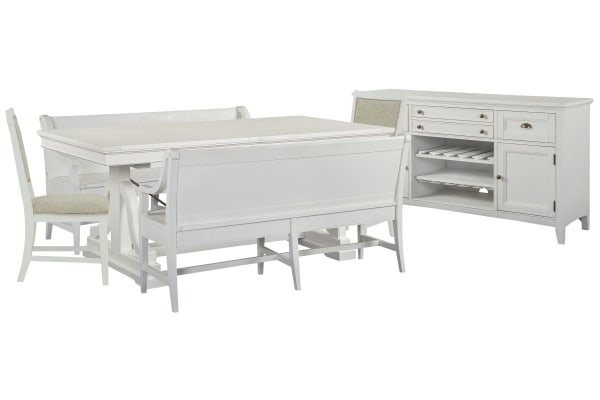 Heron Cove - Extendable Trestle Dining Table With 2 Benches, 2 Upholstered Side Chairs And Buffet - Chalk White And Dovetail Gray