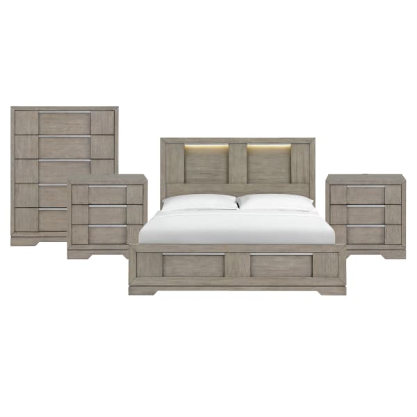 Kelis - King 4 Piece Bedroom Set With 2 Nightstands & Chest - Gray