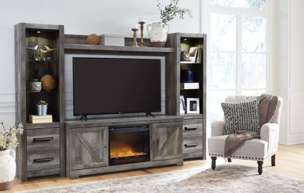 Wynnlow - Gray - 5 Pc. - Entertainment Center - 63" TV Stand With Fireplace Insert Glass/Stone