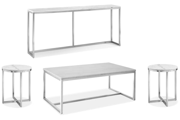 Esme - Rectangular Cocktail Table With 2 Round End Tables And Sofa Table - White Marble And Brushed Nickel