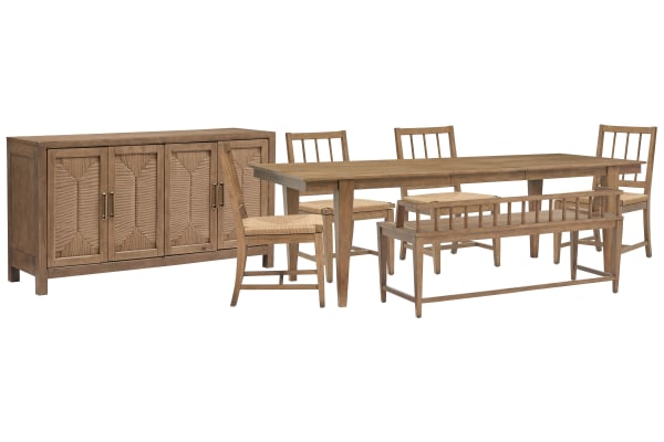Lindon - Extendable Rectangular Dining Table With 4 Paper Cord Side Chairs, Arm Bench And Buffet - Belgian Wheat