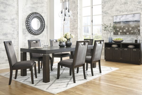 Hyndell - Dark Brown - 7 Pc. - Rectangular Dining Room Extension Table, 6 Upholstered Side Chairs