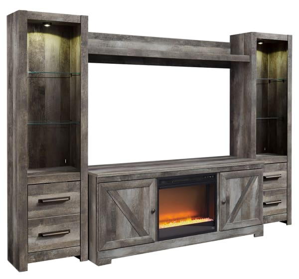 Wynnlow - 5 Pc. - Entertainment Center - 63" TV Stand With Fireplace Insert Glass/Stone - Gray
