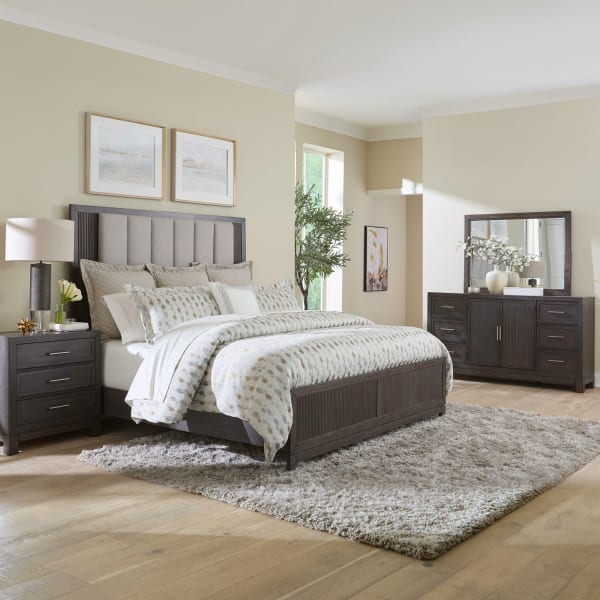 Modern Edge - 4 Piece Bedroom Set (California King Upholstered Bed, Dresser & Mirror, Night Stand) - Caffe
