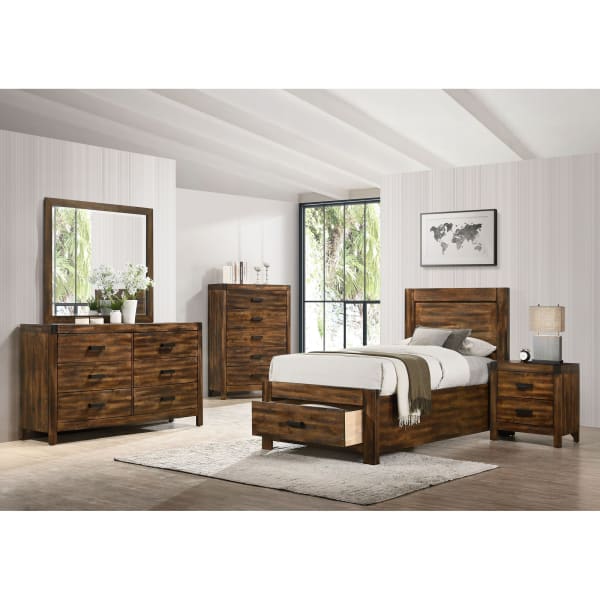 Warner - Twin 5 Piece Platform Storage Bedroom Set - Chestnut