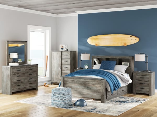 Frandern - 6 Pc. - Dresser, Mirror, Full Bookcase Panel Bed With Storage - Gray