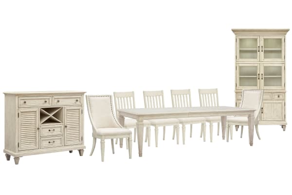 Newport - Extendable Rectangular Dining Table With 4 Side Chairs, 2 Arm Chairs, Server And Dining Cabinet - Alabaster