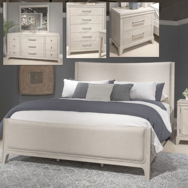 New Haven - 5 Piece Bedroom Set (Queen Upholstered Bed, Dresser & Mirror, Chest, Night Stand) - White