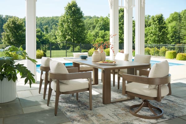 Serene Bay - Dark Brown - 7 Pc. - Dining Table, 4 Arm Chairs, 2 Swivel Chairs