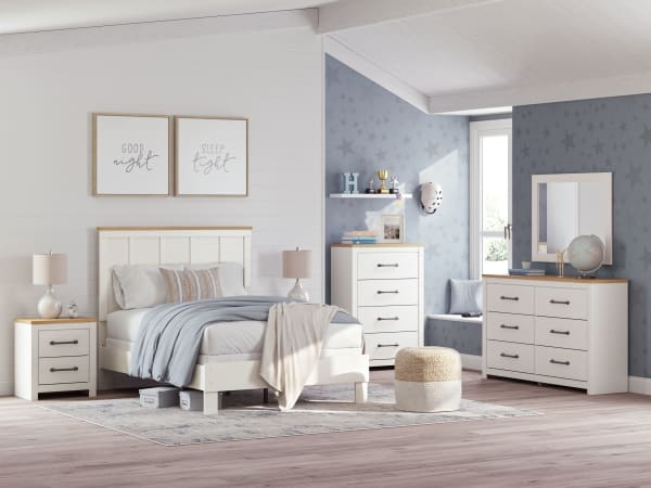 Linnocreek - White / Warm Brown - 7 Pc. - Dresser, Mirror, Chest, Full Panel Bed, 2 Nightstands