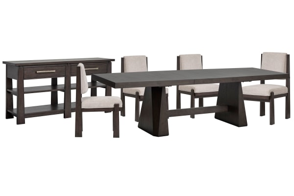 Tauren - Extendable Double Pedestal Dining Table With 4 Upholstered Side Chairs And Sideboard - Coffee Bean / Beige