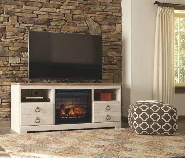 Willowton - Whitewash - 2 Pc. - 64" TV Stand With Faux Firebrick Fireplace Insert
