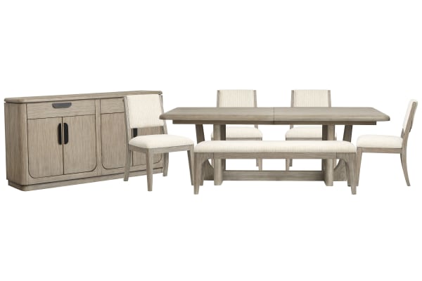 Braelyn - Extendable Trestle Dining Table With 4 Side Chairs, Bench And Server - Dorian Gray / Beige