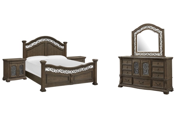 Durango - California King Panel Bed, 2 Bachelor Chests And Drawer Dresser With Shaped Mirror - Willadeene Brown