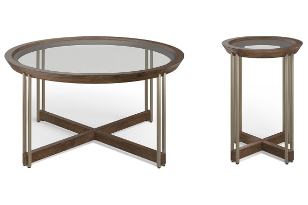 Elora - Round Cocktail Table With Accent Table - Walnut And Tarnished Silver And Clear Glass