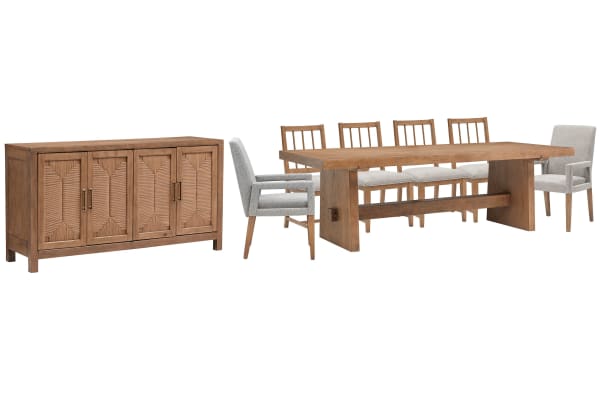 Lindon - Trestle Dining Table With 4 Side Chairs, 2 Arm Chairs And Buffet - Belgian Wheat / Gray