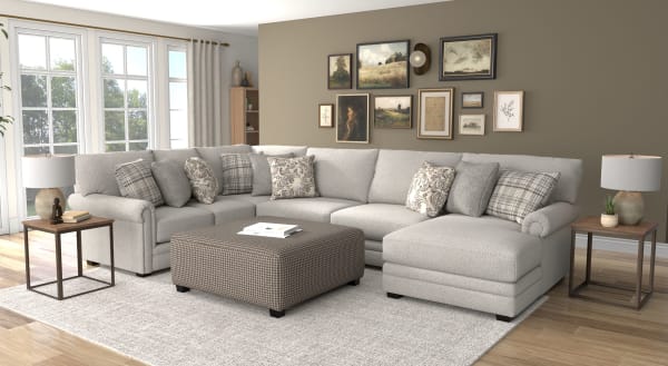 Livingston - 3 Piece Sectional With Comfort Coil Seating, 9 Included Accent Pillows And 1 Included 45" Cocktail Ottoman (RSF Chaise) - Linen