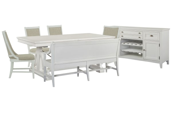 Heron Cove - Extendable Trestle Dining Table With 2 Upholstered Side Chairs, 2 Host Chairs, Bench And Buffet - Chalk White And Dovetail Gray