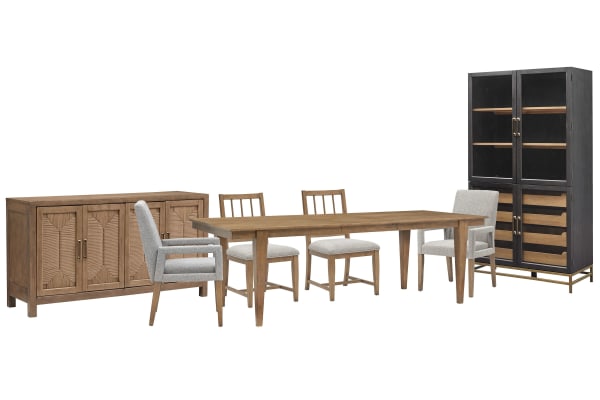 Lindon - Extendable Rectangular Dining Table With 2 Side Chairs, 2 Arm Chairs, Buffet And Cabinet - Belgian Wheat / Gray