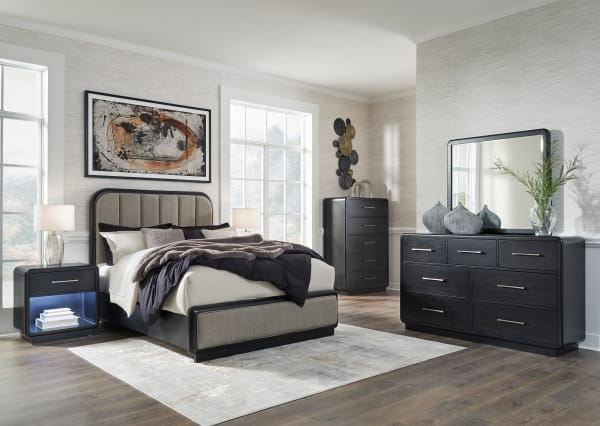 Rowanbeck - 5 Pc. - Dresser, Mirror, Chest, Queen Upholstered Panel Bed - Gray / Black