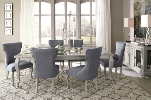 Coralayne - Silver Finish/Dark Gray - 8 Pc. - Rectangular Dining Room Extension Table, 6 Upholstered Side Chairs, Server