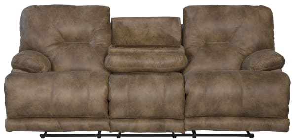 Voyager - Fabric Lay Flat Reclining Sofa With 3 Recliners And Drop Down Table - Brandy