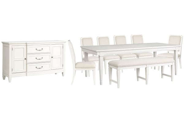 Willowbrook - Extendable Rectangular Dining Table With 6 Upholstered Side Chairs, Upholstered Bench And Buffet - Egg Shell White