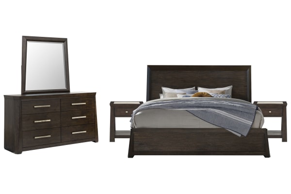 Tauren - California King Panel Bed, 2 Open Nightstands And Double Drawer Dresser With Shaped Mirror - Coffee Bean