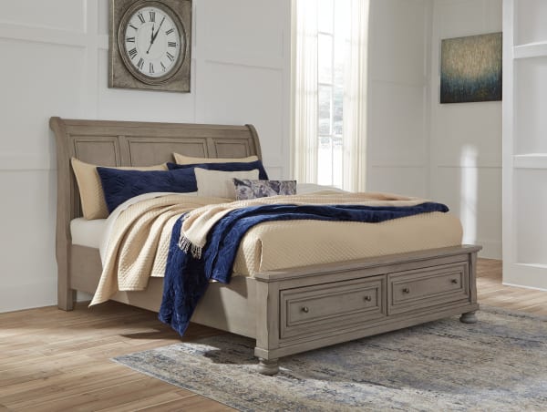 Lettner - Light Gray - Queen Sleigh Bed with 2 Storage Drawers